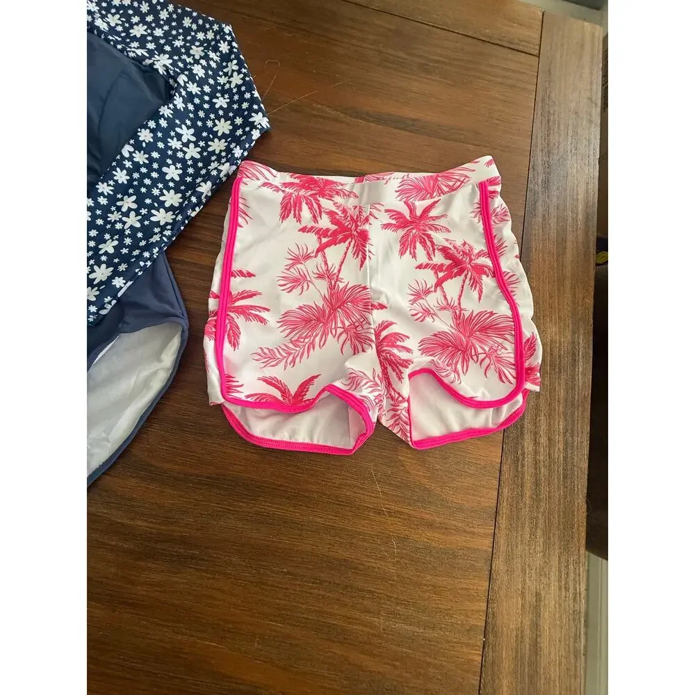 Girls Rash Guard Swimsuit Set 13-14Y Navy Floral Long Sleeve Pink Palm Shorts